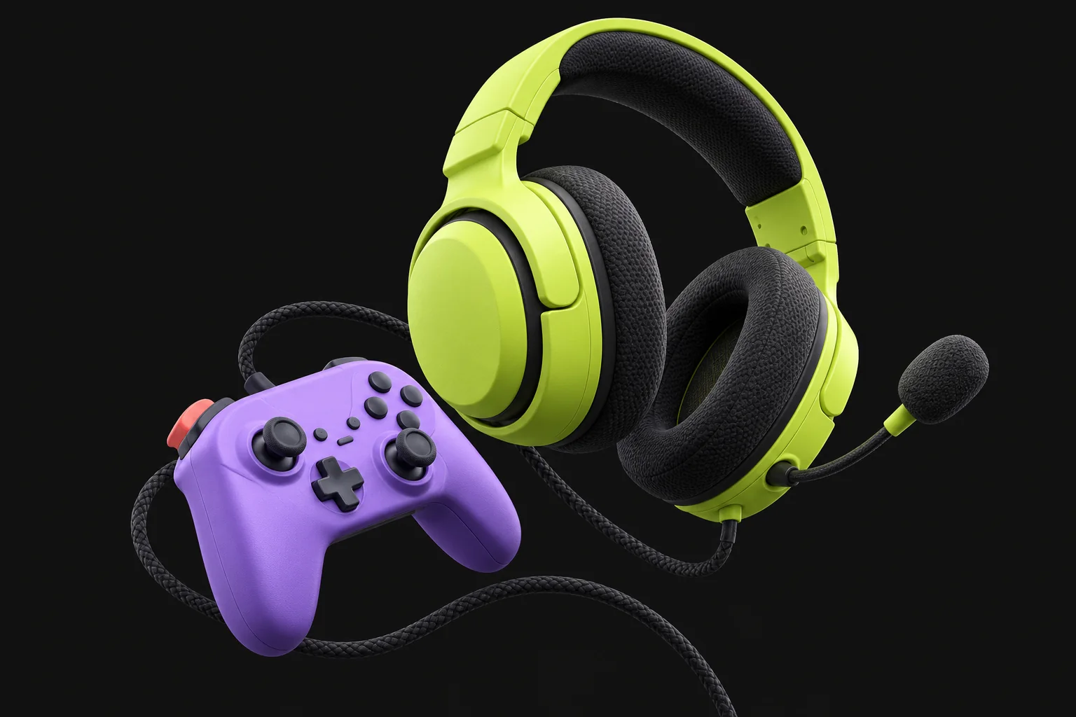 Ilustração de um headset verde Frequência e um controle violeta conectados por um cabo.